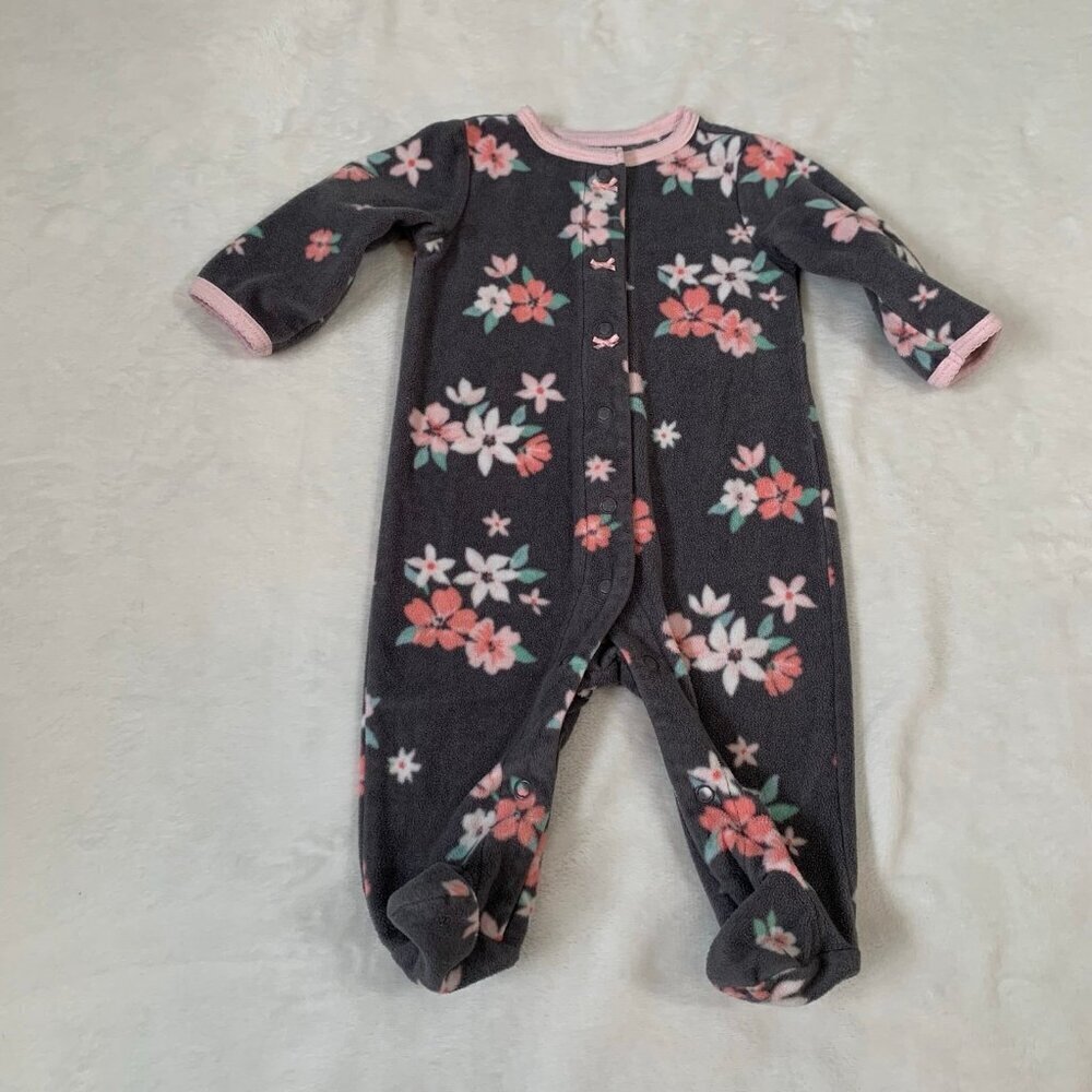5/$25 Carter's‎ Fleece Footed Sleeper Girl 3M Gray Pink Floral Snap Front Bows